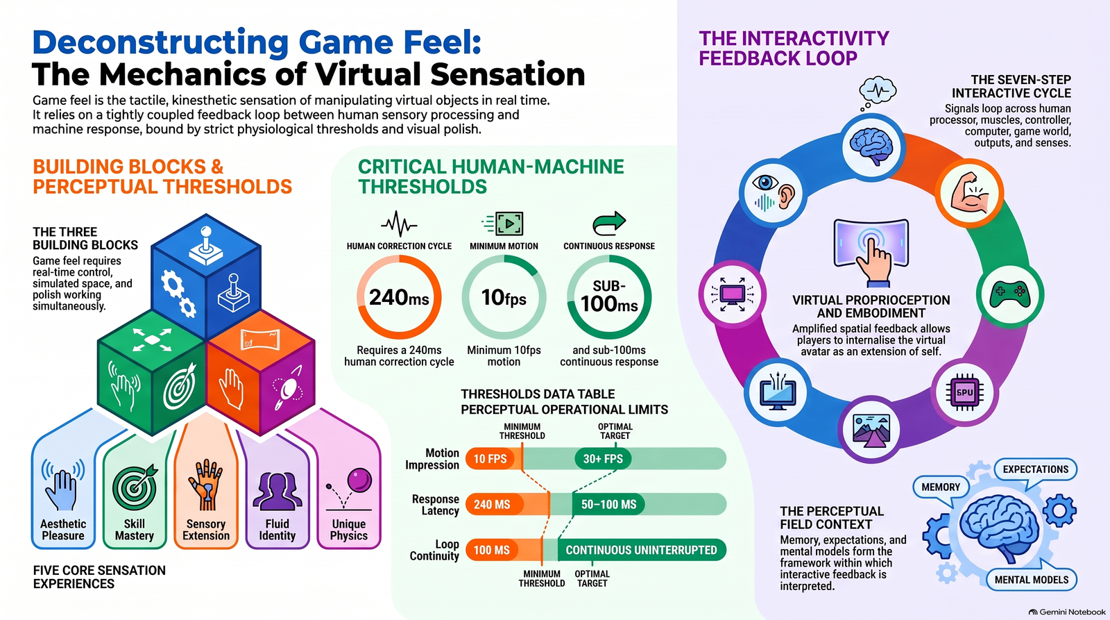 Infographic explaining game feel, real-time control, simulated space, polish and player feedback loops