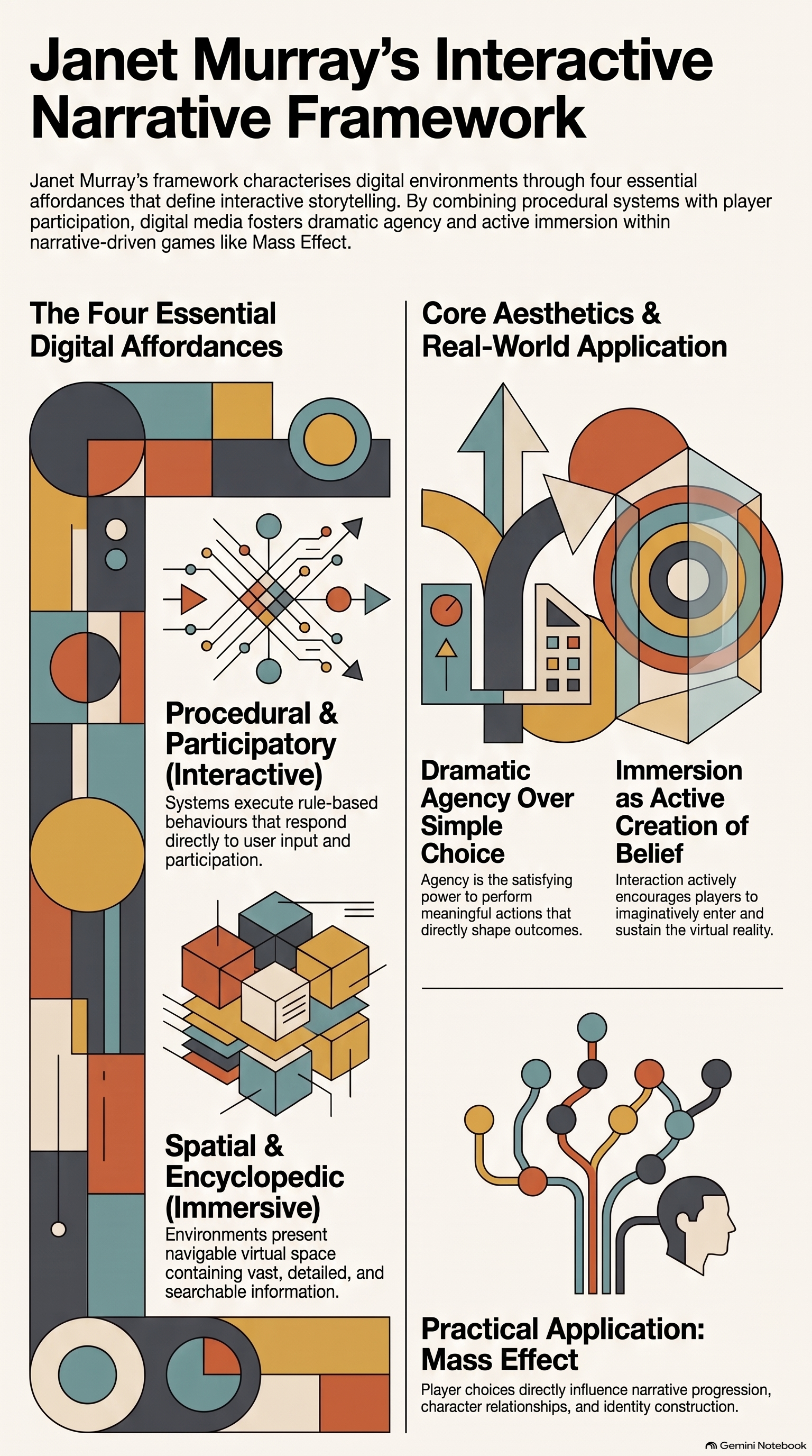 Infographic explaining Janet Murray interactive narrative framework and digital affordances